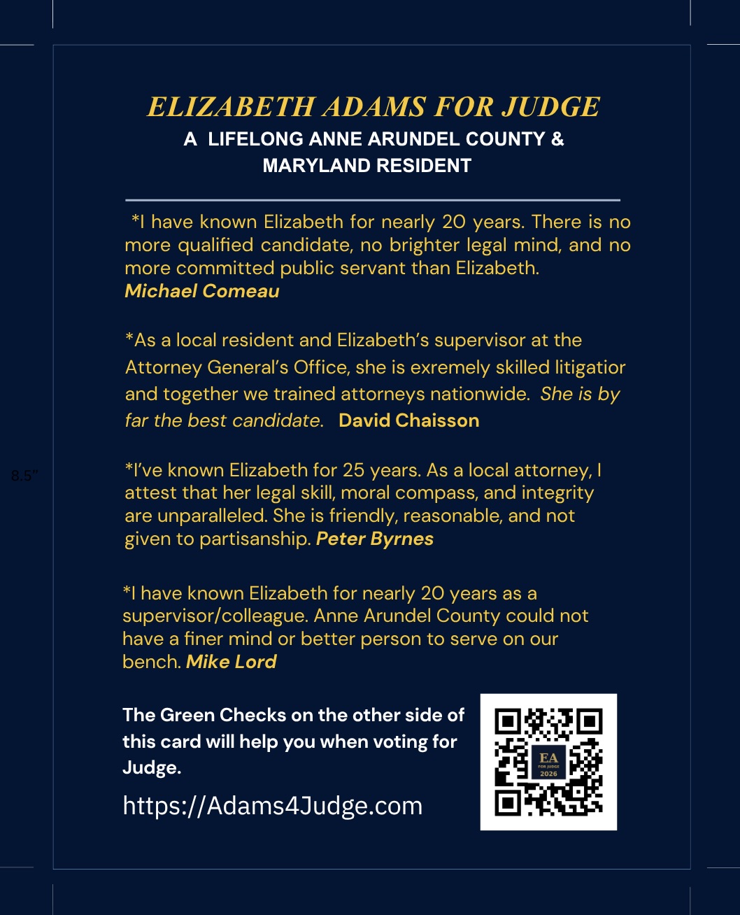 Endorsements for Elizabeth Adams for Judge from Michael Comeau, David Chaisson, Peter Byrnes, and Mike Lord