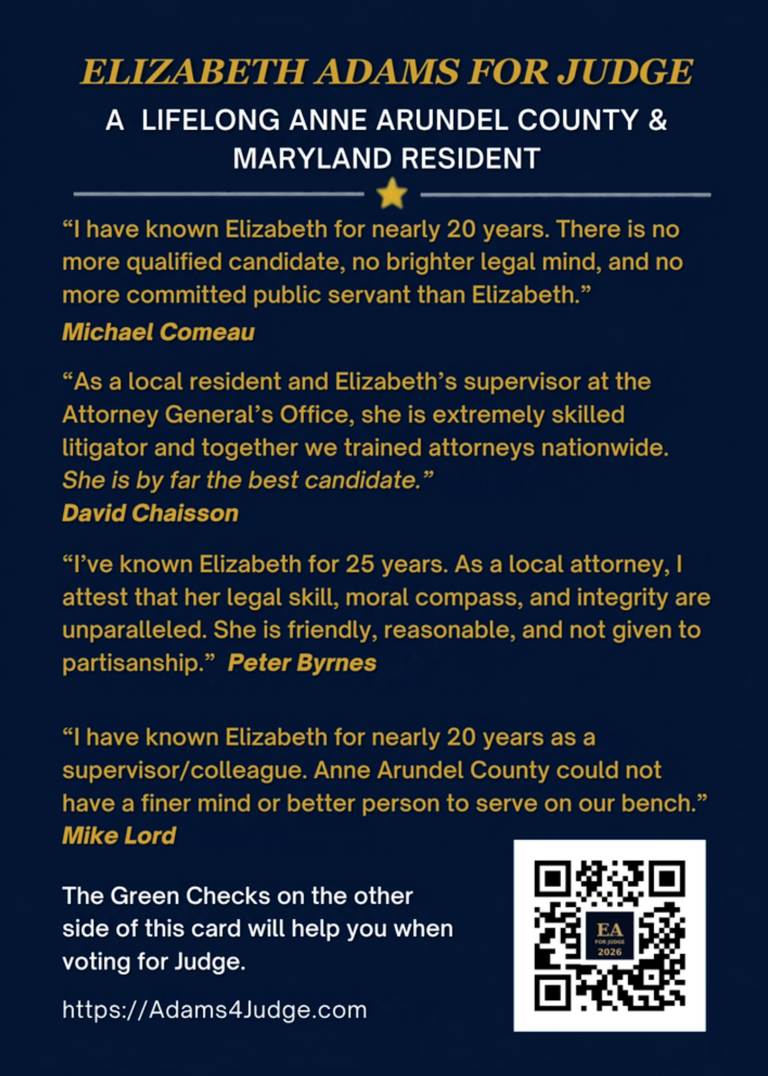 Endorsements for Elizabeth Adams for Judge from Michael Comeau, David Chaisson, Peter Byrnes, and Mike Lord
